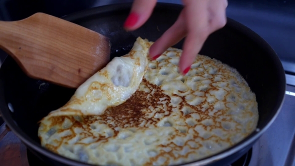 Making Pancake On Frying Pan, Crepes