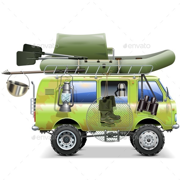 Vector Travel Car with Fishing Accessories