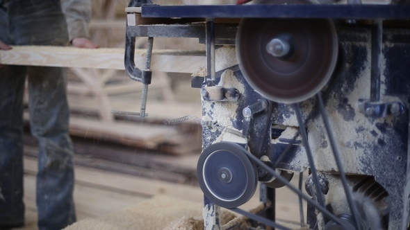 Carpenter Working with Circular Saw Woodworking Machine