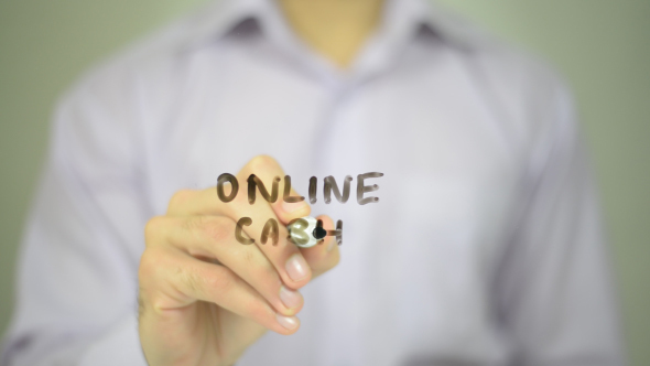 Onine Cash, Man Writing on Transparent Screen