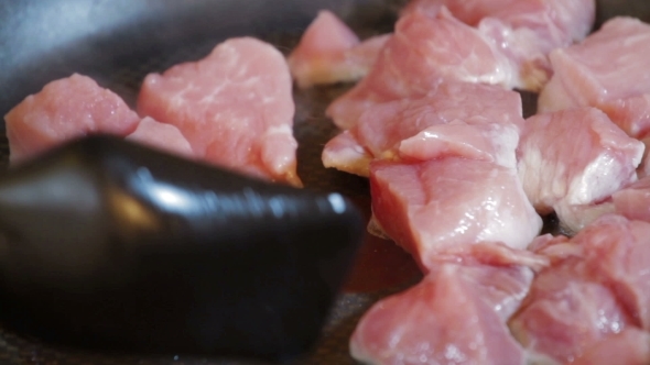 Frying Beef On Sizzling Hot Pan Tasty Fat Dinner