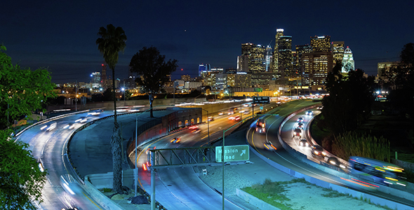 Downtown Los Angeles Skyline at Night Wide