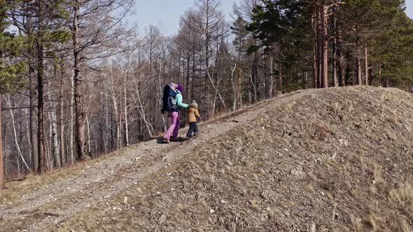Aerial View of a Woman with Two Children Hiking on a Forest Mountain Trail