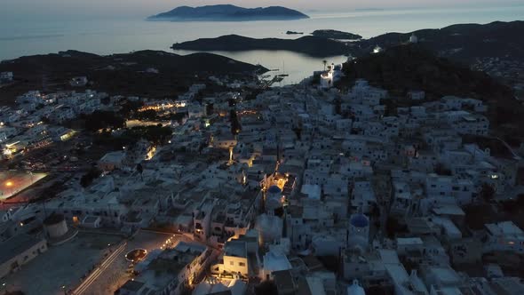 Village of Chora on the island of Ios night view from the sky