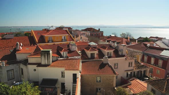 Aerial View of Houses in Lisbon, Portugal, Street of Beautiful Old Buildings in City Centre Represen