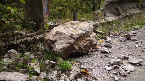 Rockfall on a road in the mountains.