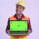 Young Happy Hispanic Man Construction Worker Thinking While Showing Laptop - VideoHive Item for Sale