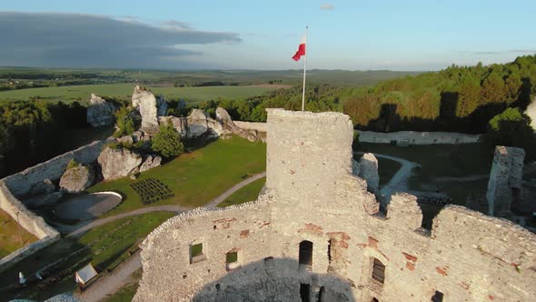 Aerial View on Castle in Ogrodzieniec at Sunset