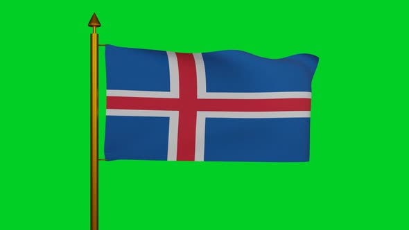 National flag of Iceland waving with flagpole on chroma key, islenski faninn or Flag of Icelanders