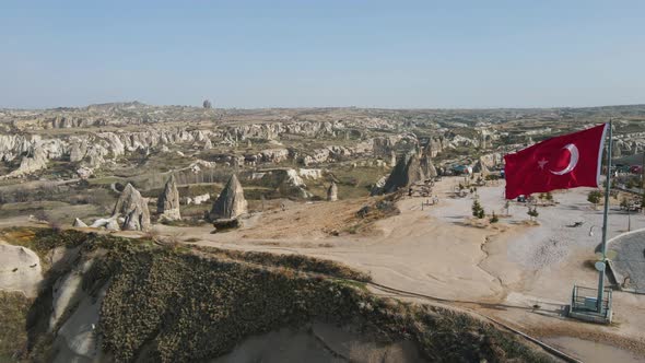 Aerial drone forwarding shot of landscape with rocks unusual formation called fairy chimneys in Gore