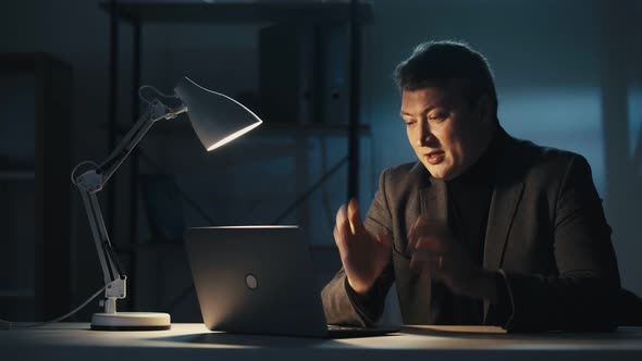 Night Work Video Call Business Man Using Laptop