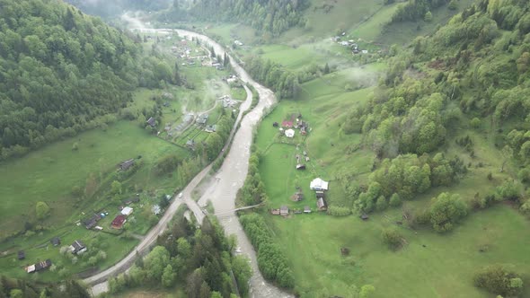 Ukraine, Carpathian Mountains: River in the Mountains. Aerial