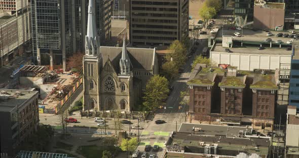 Time lapse from above of Holy Rosary Cathedral and surrounding intersections of downtown Vancouver,