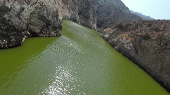 Aerial shot of a reservoir in the San Gabriel Mountains near Los Angles