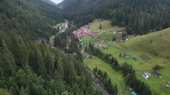 Aerial View of the Village in the Carpathian Mountains in Autumn. Ukraine