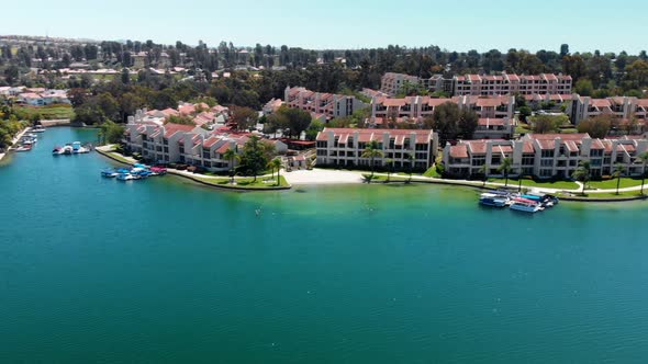 Aerial fly by of Condos on community lake mission viejo camera 2