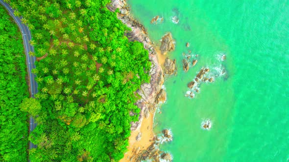 Drones fly over the shores of tropical seas. Beach summer scene