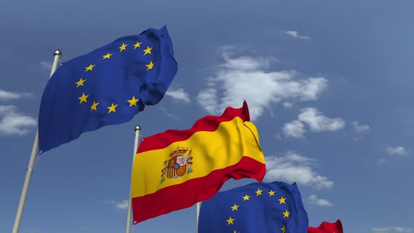 Many Flags of Spain and the European Union