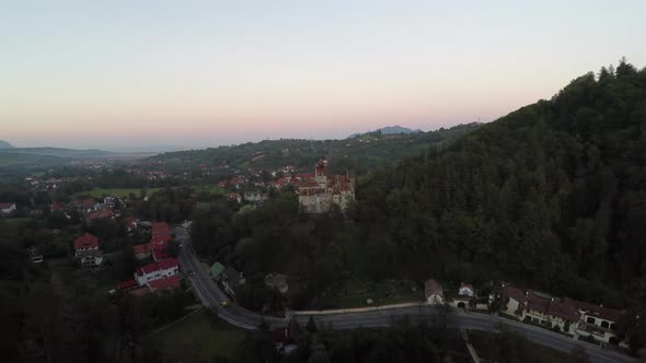 Arial shot of a road near Bran Castle