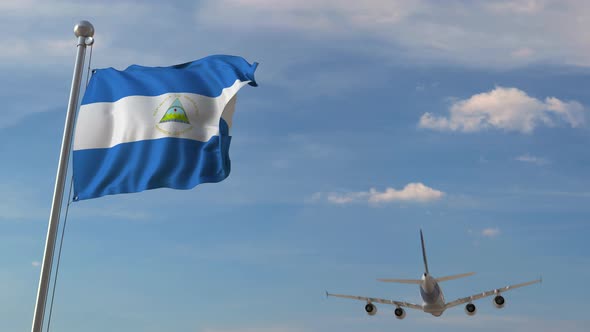 Commercial Airplane Flying Over National Flag of Nicaragua