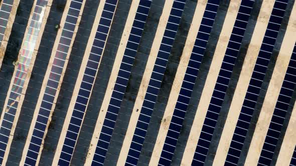 Cinematic Circular Overhead Drone Shot of the Straight Rows of Solar Power Field alt