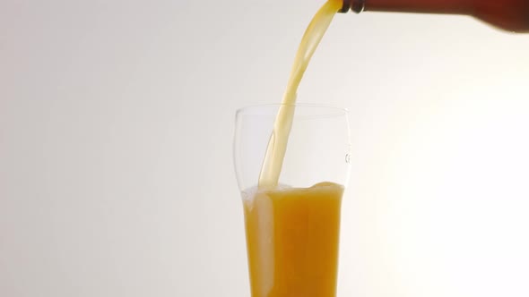 Pouring Beer Into a Glass From a Bottle on a White Background