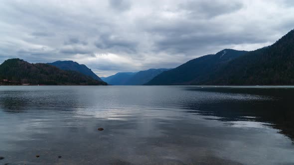 Teletskoe lake in cloudy weather in the spring