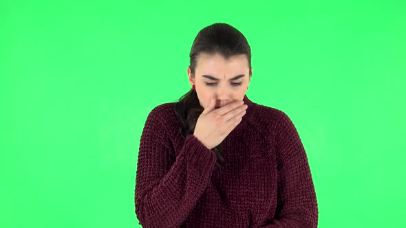 Cute Female Feels Bad, Her Stomach Hurts, Feeling Nausea. Green Screen