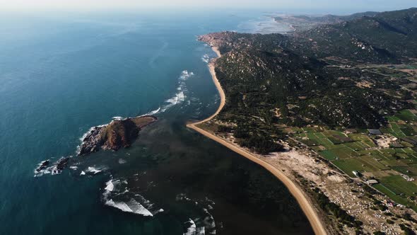 Aerial panorama, beach coastline in rural Vietnam seaside farmland countryside