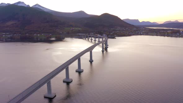 A Huge Box Girder Bridge over Tresfjord in Norway at Sunset