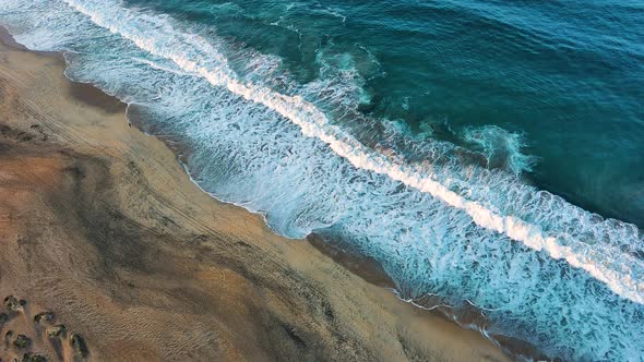 Aerial Drone Fly Above  Blue Waves Shore Pacific Ocean Beach Puerto Escondido