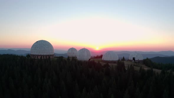 Aerial Drone View, Unusual Architecture Concept. Sunrise Over Uniquely Designed Old Radar Station in