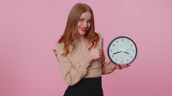 Businesswoman Girl Showing Time on Office Clock Ok Thumb Up Approve Pointing Finger at Camera