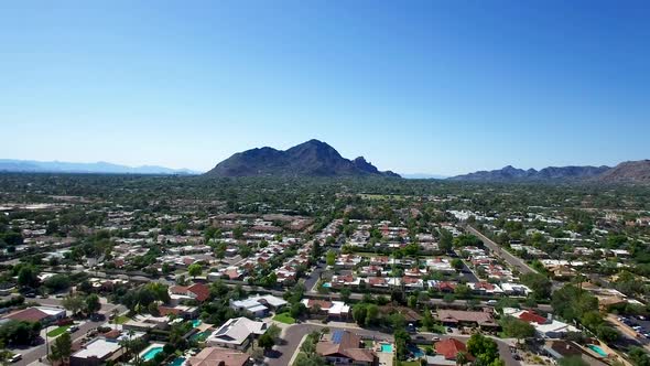 Drone footage pull back from Camelback mountain Scottsdale Arizona