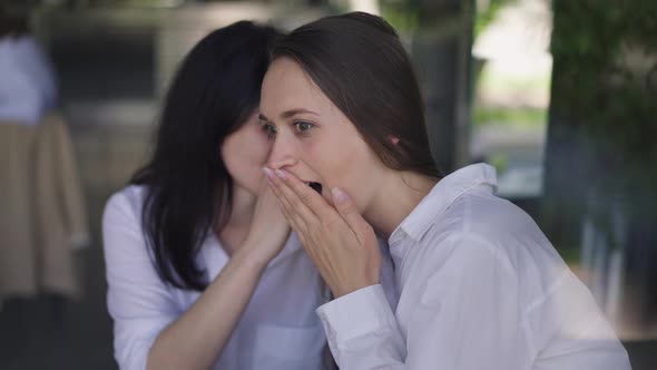 Two Female Friends Gossiping in Slow Motion Whispering on Ear Laughing