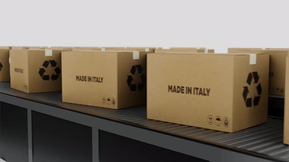 Boxes with MADE IN italy Text on Conveyor