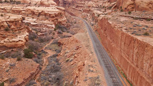 Aerial of railroad tracks near Moab, Utah