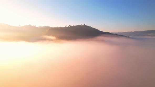 4K Aerial view of Mountains landscape with morning fog.