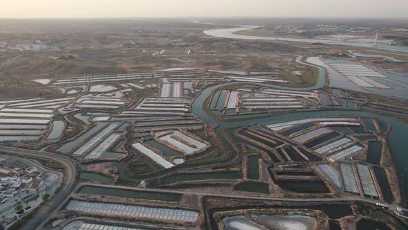 Aerial view of salt pans fields creating geometrical patterns, Castro Marim, Algarve