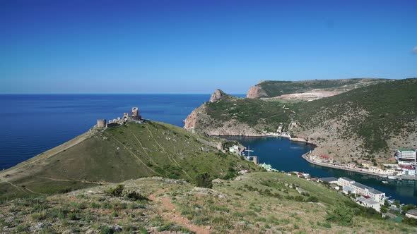 Panoramic View From Hill to Sea Bay with Yachts and Small Coastal Town in Mountain Area Ruines of