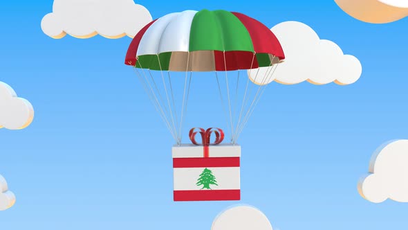 Carton with Flag of Lebanon Falls with a Parachute