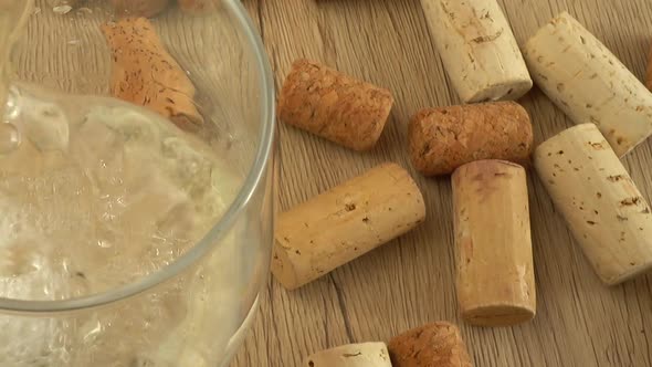 Wine is poured into a glass on the background of wine corks.