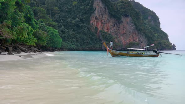 Panoramic Wide Angle Shot of Empty Tropical Lagoon with Traditional Thai Boat