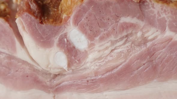 Smoked pork meat product  layers slow pan 4K 2160p 30fps UltraHD   footage - Shallow DOF cured bacon