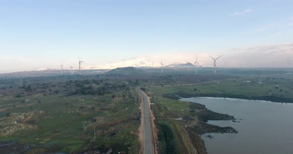Aerial view of a misty landscape at sunrise, Golan Heights, Israel.