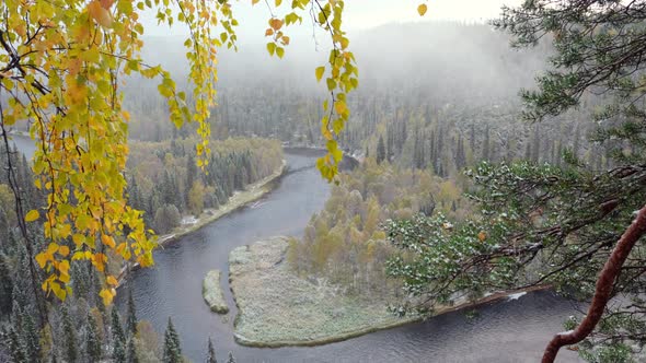 Autumn Foggy Landscape in Oulanka National Park in Finland