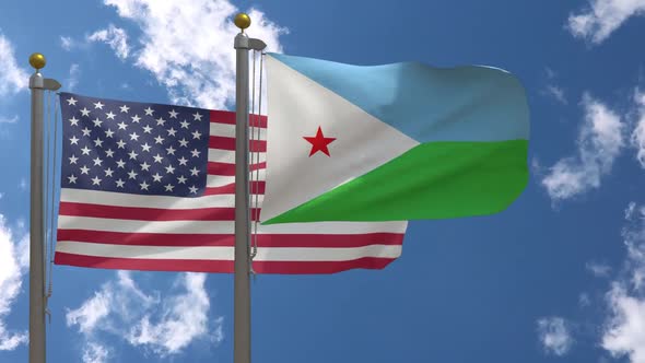 Usa Flag Vs Djibouti Flag On Flagpole