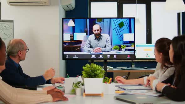 Manager Man Talking with Colleague Using Video Call for Virtual Meeting