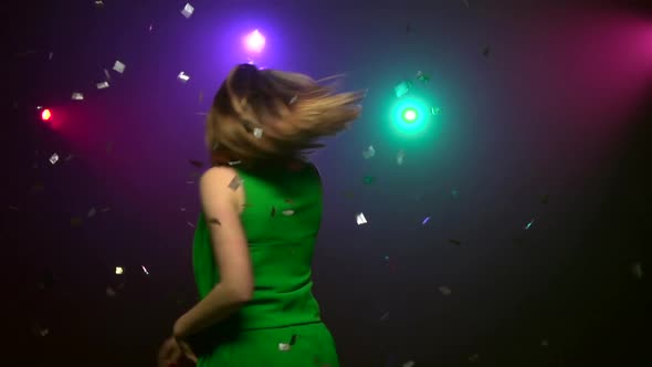 Woman in Green Dress Dancing at Party, Close-up, Slow Motion