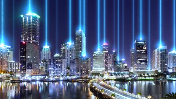 Wireless technology concept with data flowing into the Miami skyline